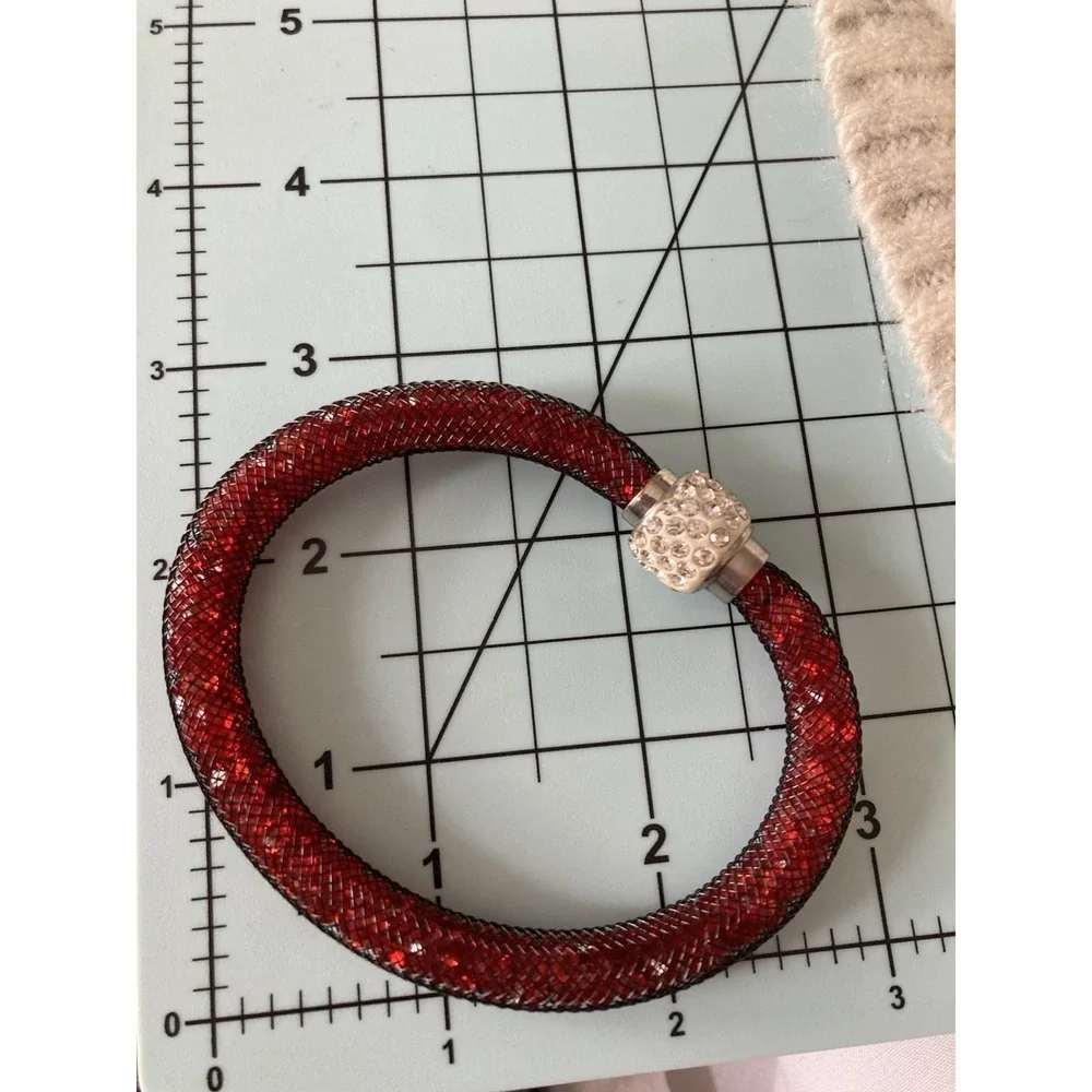 Red Crystal Tube Bracelet Mesh Rhinestone Barrel Clasp Sparkly Magnetic